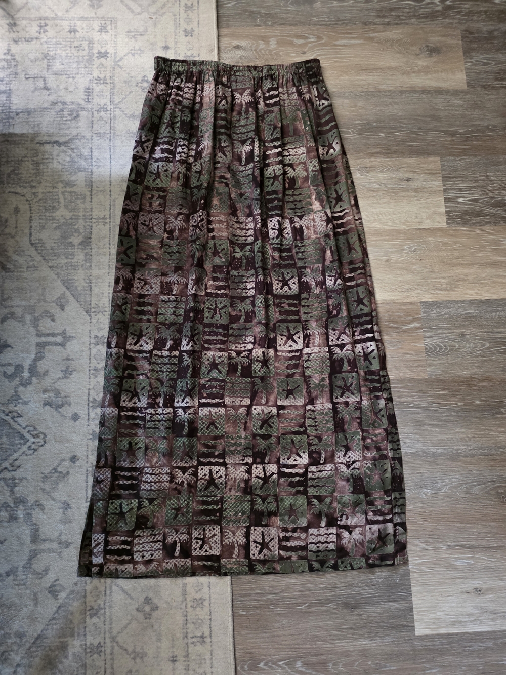 Tropical Patterned Olive Green and Purple Maxi Skirt with Elastic Waist